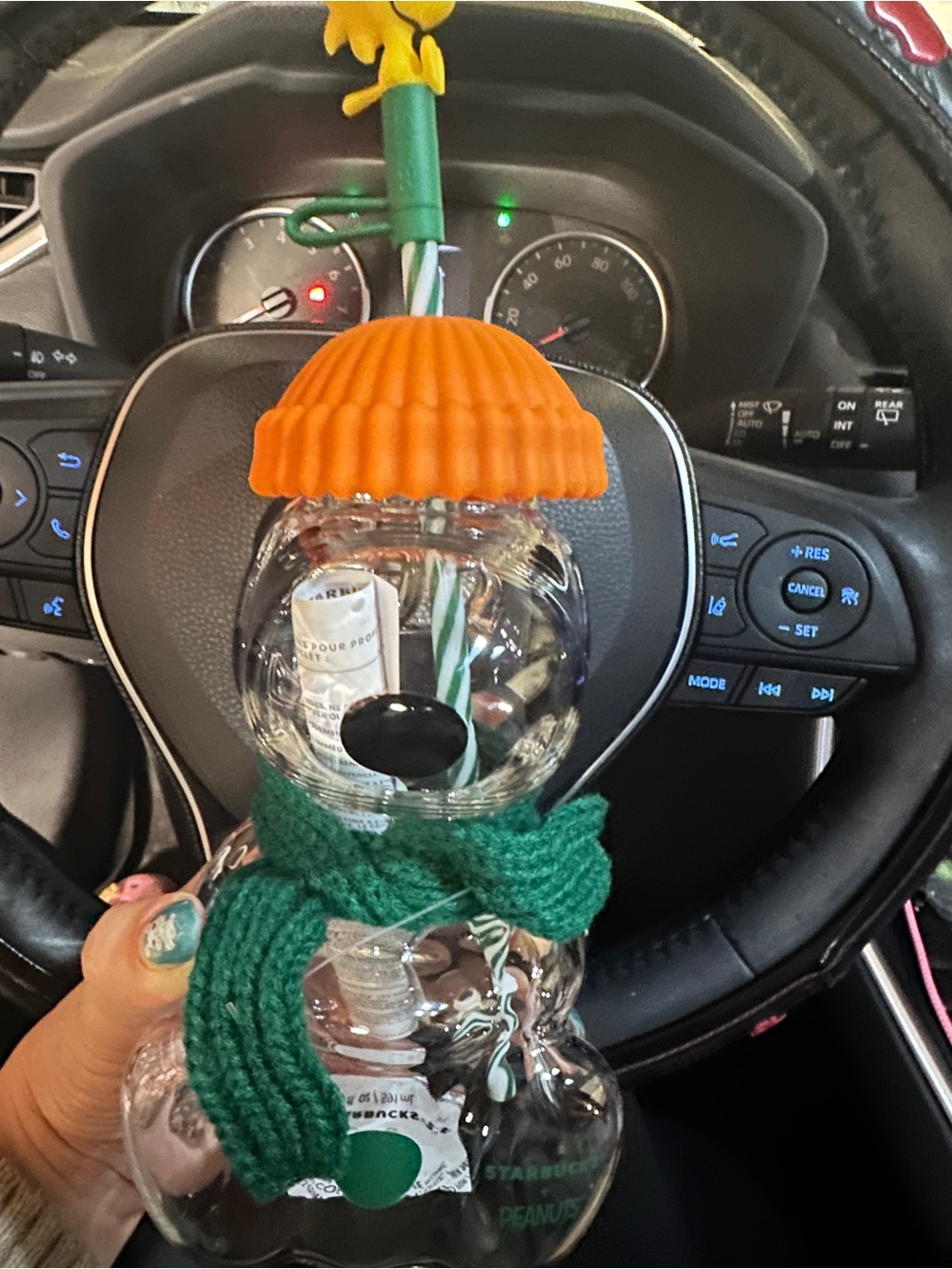 Starbucks Clear Snowman Bottle with Orange Hat and Green Scarf